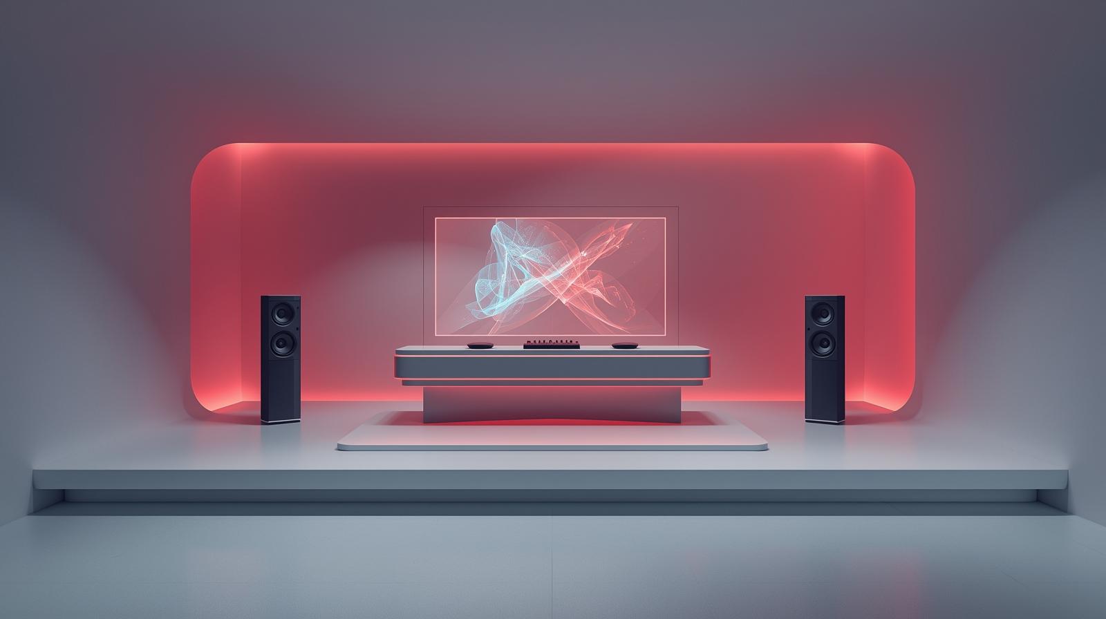 A minimalist and clean photography style showcasing a futuristic DJ booth and big speakers on booth with smooth, curved lines and prominently visible holographic displays, presented in a simple com